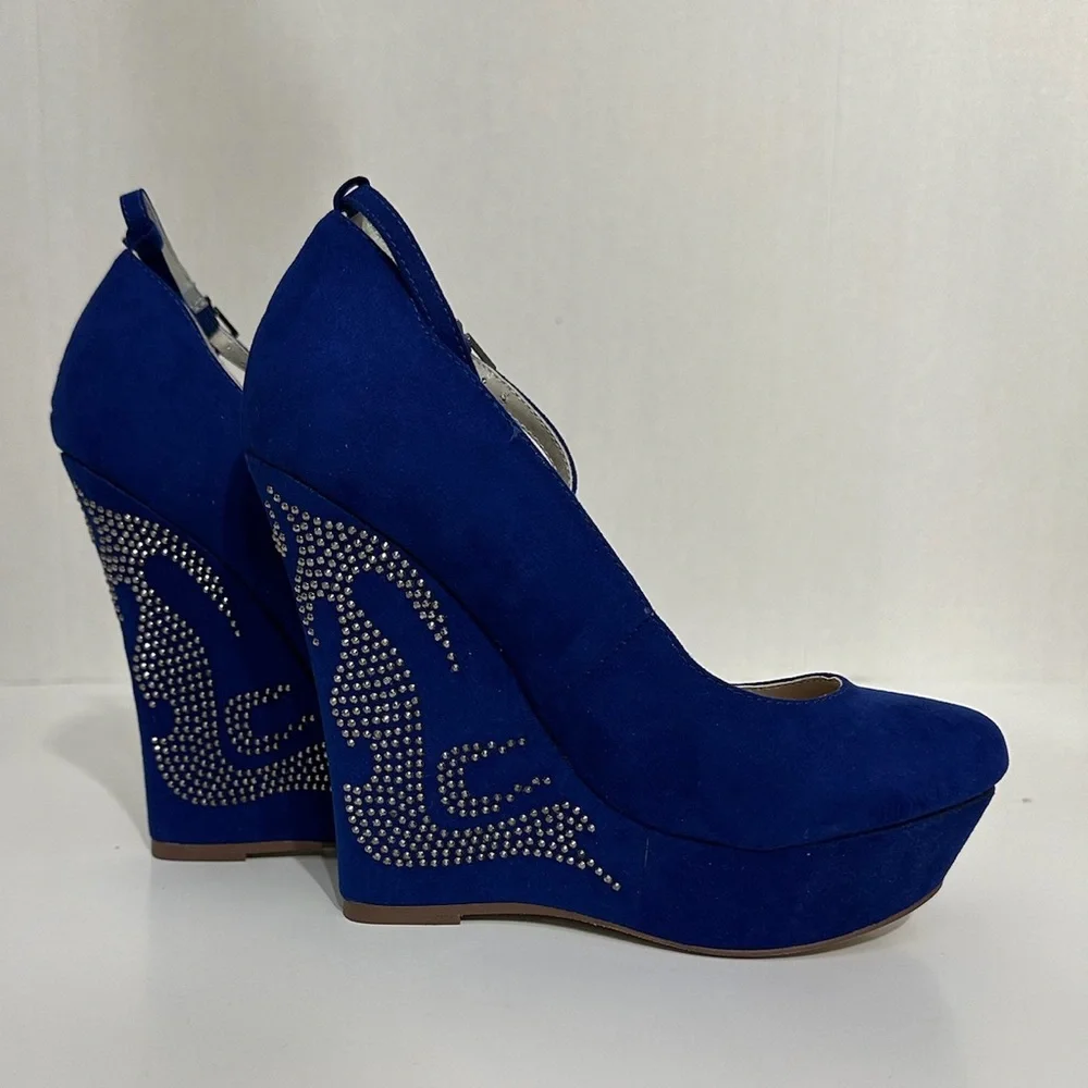 NIB JustFab Raye Cobalt Blue Rhinestone Wedge Heels Y2K Size 8.5